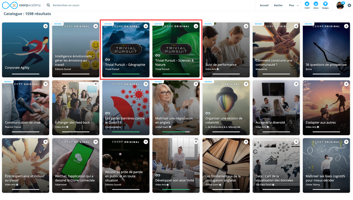Catalogue de cours avec les cours Trivial Pursuit